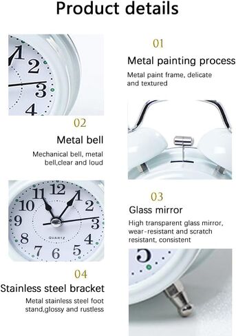 منبه بصوت عالٍ 3 بوصات منبه مزدوج الجرس للنوم الثقيل/كبار السن/الأطفال/الكبار، ديكور ساعة منبه (أبيض) in Kuwait