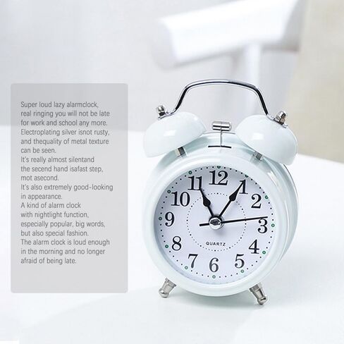 منبه بصوت عالٍ 3 بوصات منبه مزدوج الجرس للنوم الثقيل/كبار السن/الأطفال/الكبار، ديكور ساعة منبه (أبيض) in Kuwait