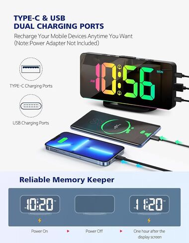 YRYG YRYG Alarm Clocks for Bedrooms, Large Digital LED Display with 10 Color Night Light, 2 USB Ports, Dimmer, Dual Alarm, Easy to Set for Kids Teens Boys Girls Seniors, LK0078 in Saudi Arabia