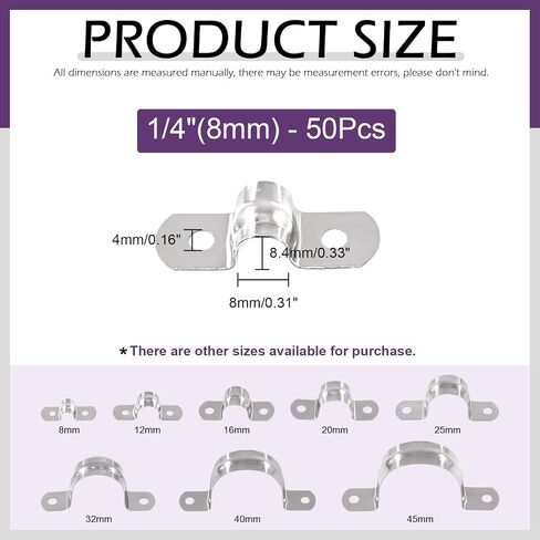 Swpeet 50Pcs 5/16"-8MM 2 Hole Strap U Bracket Tube Strap 304 Stainless Steel Pipe Strap Clamp Kit, Two Hole Snap On Pipe Strap Cable U Bracket Tube Strap Tension Clips for Fixing Pipe or Cable in Saudi Arabia