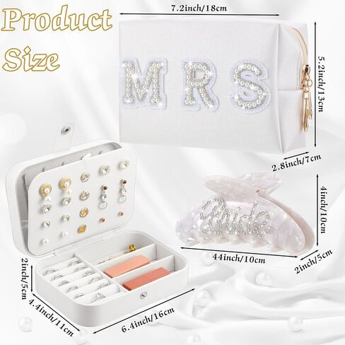 3 Pcs Bride Gifts Set Mrs Travel Portable Jewelry Box Mrs PU Leather Bag Bride Claw Hair Clip for Bridal Shower (Elegant) in Saudi Arabia