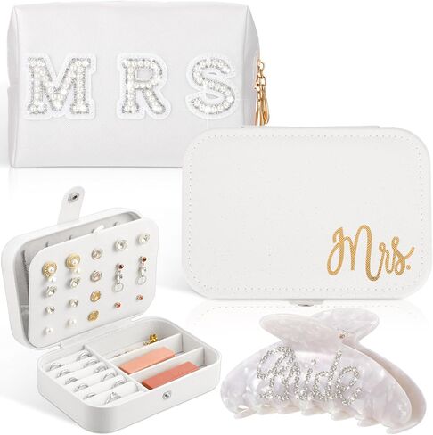3 Pcs Bride Gifts Set Mrs Travel Portable Jewelry Box Mrs PU Leather Bag Bride Claw Hair Clip for Bridal Shower (Elegant) in Saudi Arabia