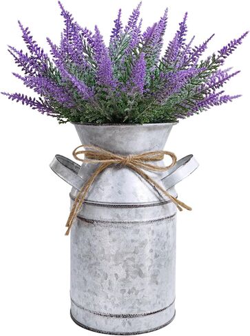 Winlyn Set of 1 Artificial Lavender Farmhouse Centerpiece Shabby Chic Galvanized Metal Milk Can Lavender Floral Arrangement Lavender Farmhouse Decor 12" Tall for Home Wedding Baby Shower Table Décor in Saudi Arabia
