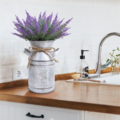 Winlyn Set of 1 Artificial Lavender Farmhouse Centerpiece Shabby Chic Galvanized Metal Milk Can Lavender Floral Arrangement Lavender Farmhouse Decor 12" Tall for Home Wedding Baby Shower Table Décor in Saudi Arabia