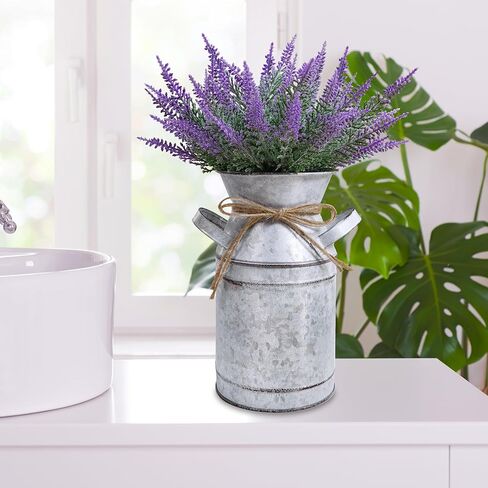 Winlyn Set of 1 Artificial Lavender Farmhouse Centerpiece Shabby Chic Galvanized Metal Milk Can Lavender Floral Arrangement Lavender Farmhouse Decor 12" Tall for Home Wedding Baby Shower Table Décor in Saudi Arabia