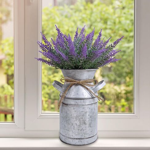 Winlyn Set of 1 Artificial Lavender Farmhouse Centerpiece Shabby Chic Galvanized Metal Milk Can Lavender Floral Arrangement Lavender Farmhouse Decor 12" Tall for Home Wedding Baby Shower Table Décor in Saudi Arabia