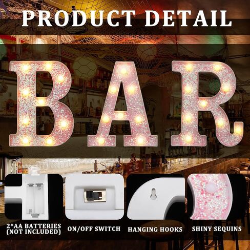 3 Pieces Light up Bar Sign Bar Letters Lighted Illuminated Bar LED Signs Bar Letters with Lights Marquee Letter Sign Lights Battery Operated Bar Sign Light Accessories Party Birthday Wedding in Saudi Arabia