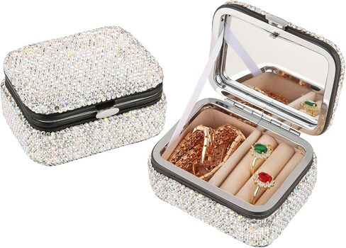 Shiny Rhinestone Crystal Portable Jewelry Case with Mirror Bling Diamonds Travel Earrings Necklace Rings Organizer Box Valentine's Day Gifts(Silver) in Saudi Arabia