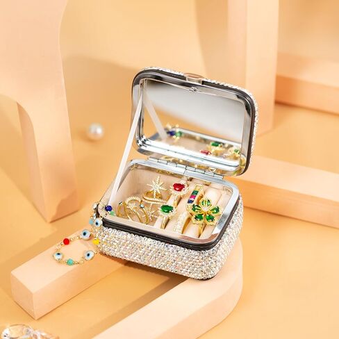 Shiny Rhinestone Crystal Portable Jewelry Case with Mirror Bling Diamonds Travel Earrings Necklace Rings Organizer Box Valentine's Day Gifts(Silver) in Saudi Arabia