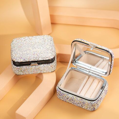 Shiny Rhinestone Crystal Portable Jewelry Case with Mirror Bling Diamonds Travel Earrings Necklace Rings Organizer Box Valentine's Day Gifts(Silver) in Saudi Arabia
