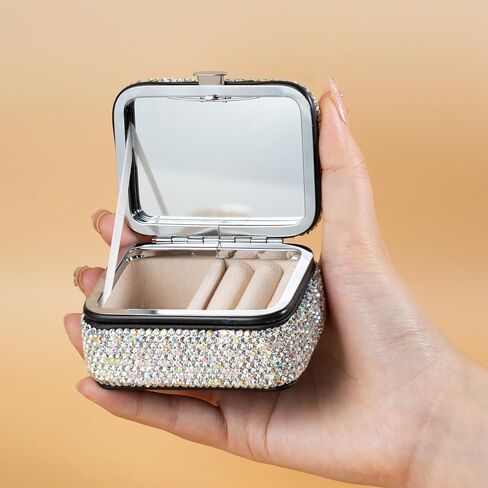 Shiny Rhinestone Crystal Portable Jewelry Case with Mirror Bling Diamonds Travel Earrings Necklace Rings Organizer Box Valentine's Day Gifts(Silver) in Saudi Arabia