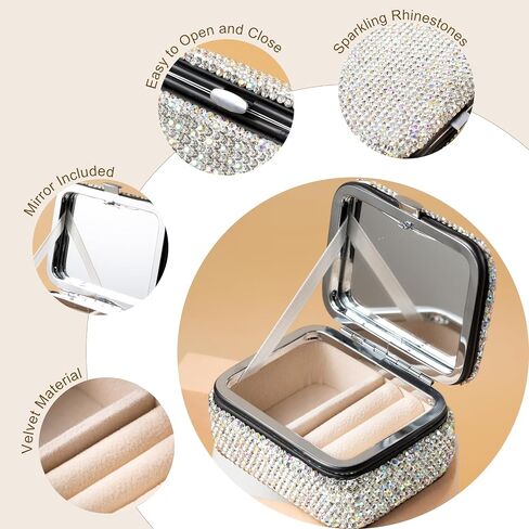 Shiny Rhinestone Crystal Portable Jewelry Case with Mirror Bling Diamonds Travel Earrings Necklace Rings Organizer Box Valentine's Day Gifts(Silver) in Saudi Arabia