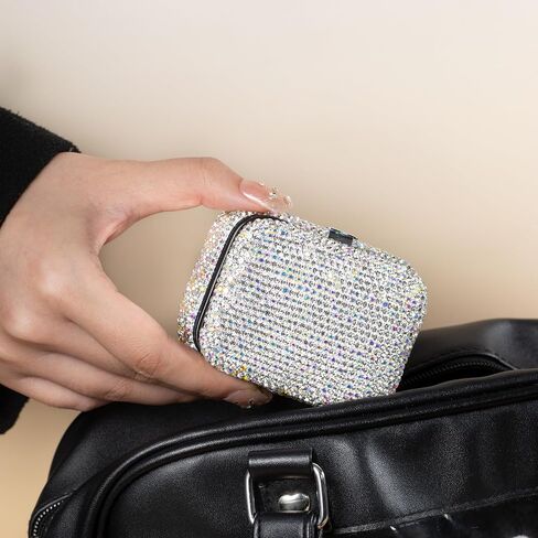 Shiny Rhinestone Crystal Portable Jewelry Case with Mirror Bling Diamonds Travel Earrings Necklace Rings Organizer Box Valentine's Day Gifts(Silver) in Saudi Arabia