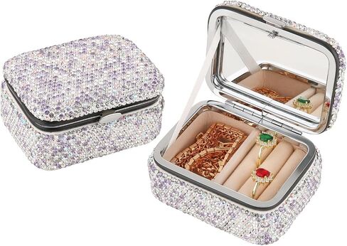 Shiny Rhinestone Crystal Portable Jewelry Case with Mirror Bling Diamonds Travel Earrings Necklace Rings Organizer Box Valentine's Day Gifts(Silver) in Saudi Arabia