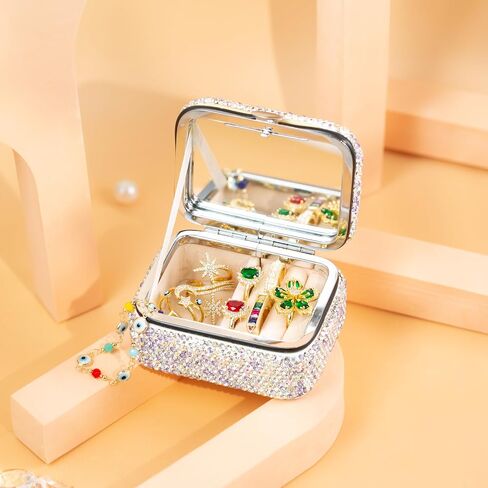 Shiny Rhinestone Crystal Portable Jewelry Case with Mirror Bling Diamonds Travel Earrings Necklace Rings Organizer Box Valentine's Day Gifts(Silver) in Saudi Arabia