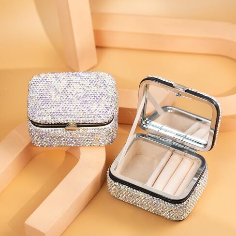 Shiny Rhinestone Crystal Portable Jewelry Case with Mirror Bling Diamonds Travel Earrings Necklace Rings Organizer Box Valentine's Day Gifts(Silver) in Saudi Arabia