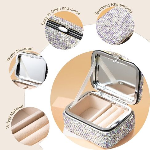 Shiny Rhinestone Crystal Portable Jewelry Case with Mirror Bling Diamonds Travel Earrings Necklace Rings Organizer Box Valentine's Day Gifts(Silver) in Saudi Arabia