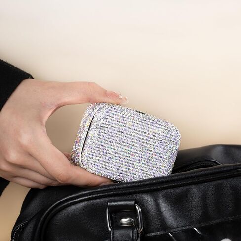 Shiny Rhinestone Crystal Portable Jewelry Case with Mirror Bling Diamonds Travel Earrings Necklace Rings Organizer Box Valentine's Day Gifts(Silver) in Saudi Arabia