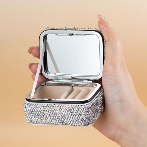 Shiny Rhinestone Crystal Portable Jewelry Case with Mirror Bling Diamonds Travel Earrings Necklace Rings Organizer Box Valentine's Day Gifts(Silver) in Saudi Arabia