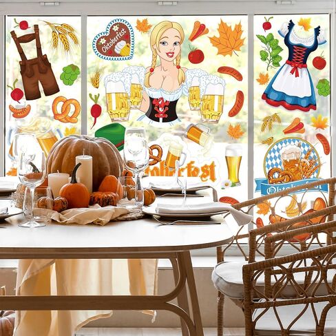 Whaline 9 Sheet Oktoberfest Window Clings Stickers Colorful Pennant Beer Barrel Sausage Double-Sided Window Stickers Munich Oktoberfest Party Decoration for German Home Beer Festival Supplies in Saudi Arabia