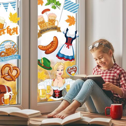 Whaline 9 Sheet Oktoberfest Window Clings Stickers Colorful Pennant Beer Barrel Sausage Double-Sided Window Stickers Munich Oktoberfest Party Decoration for German Home Beer Festival Supplies in Saudi Arabia