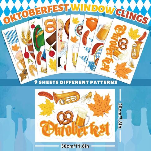Whaline 9 Sheet Oktoberfest Window Clings Stickers Colorful Pennant Beer Barrel Sausage Double-Sided Window Stickers Munich Oktoberfest Party Decoration for German Home Beer Festival Supplies in Saudi Arabia