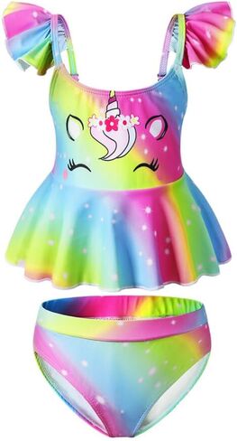 Little Kids Girls Swimsuit 2-Piece Halter Tankini Set Beach Sport Bathing Suit Flying Sleeve Swimwear in Saudi Arabia