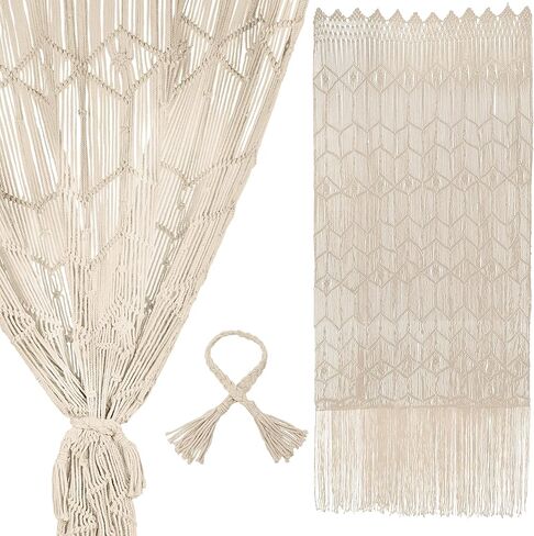 ستارة Macrame معلقة على الحائط مع ربطة عنق، مقسم غرفة بوهو مقاس 78 بوصة × 30 بوصة، لوحة فنية جدارية، ستارة باب/نافذة، أو غطاء خزانة للديكور في المنزل، أو غرفة النوم، أو المطبخ، أو خلفية الزفاف in Kuwait