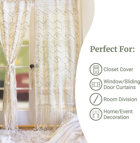 ستارة Macrame معلقة على الحائط مع ربطة عنق، مقسم غرفة بوهو مقاس 78 بوصة × 30 بوصة، لوحة فنية جدارية، ستارة باب/نافذة، أو غطاء خزانة للديكور في المنزل، أو غرفة النوم، أو المطبخ، أو خلفية الزفاف in Kuwait