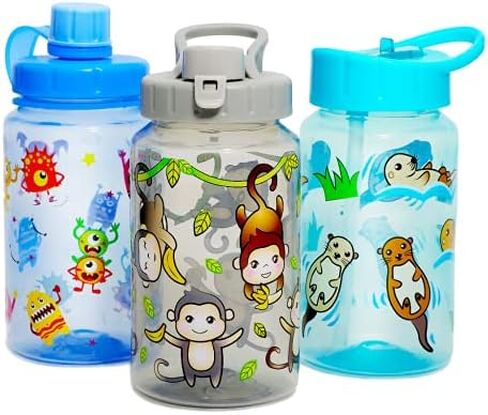 Home Tune 3 Pack 16oz Kid Water Drinking Bottle - BPA Free, Flip Straw Cap, Carry Loop, Chug Lid, Wide Mouth, Lightweight, Leak-Proof Water Bottle with Cute Design For Girls & Boys - Animals in Saudi Arabia