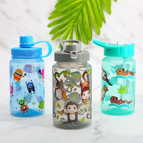 Home Tune 3 Pack 16oz Kid Water Drinking Bottle - BPA Free, Flip Straw Cap, Carry Loop, Chug Lid, Wide Mouth, Lightweight, Leak-Proof Water Bottle with Cute Design For Girls & Boys - Animals in Saudi Arabia