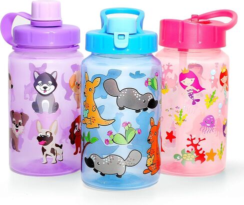 Home Tune 3 Pack 16oz Kid Water Drinking Bottle - BPA Free, Flip Straw Cap, Carry Loop, Chug Lid, Wide Mouth, Lightweight, Leak-Proof Water Bottle with Cute Design For Girls & Boys - Animals in Saudi Arabia