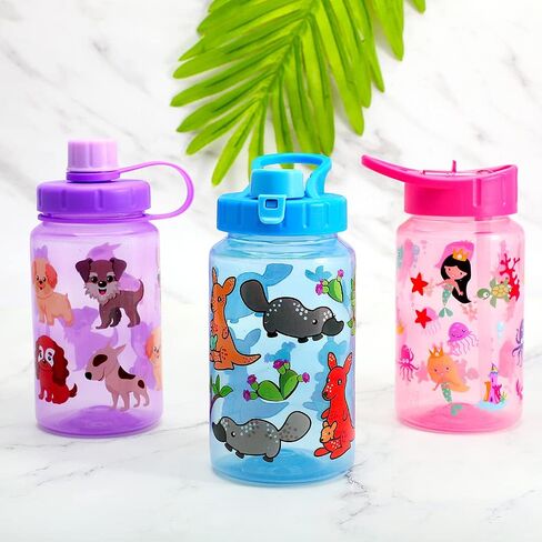 Home Tune 3 Pack 16oz Kid Water Drinking Bottle - BPA Free, Flip Straw Cap, Carry Loop, Chug Lid, Wide Mouth, Lightweight, Leak-Proof Water Bottle with Cute Design For Girls & Boys - Animals in Saudi Arabia