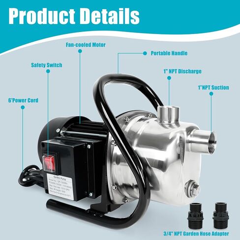 مضخة بئر ضحلة محمولة 1.5 حصان 1210 جيجا في الساعة، مضخة معززة للرش الكهربائي، 120 فولت، مضخة ري تصريف ذاتية التحضير لنافورة العشب، ستانلس ستيل، 120 فولت in Kuwait