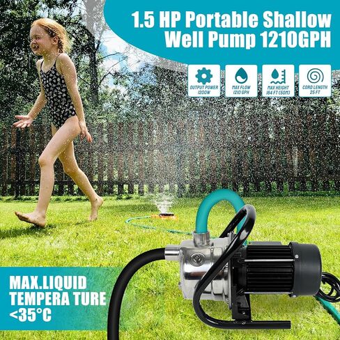 مضخة بئر ضحلة محمولة 1.5 حصان 1210 جيجا في الساعة، مضخة معززة للرش الكهربائي، 120 فولت، مضخة ري تصريف ذاتية التحضير لنافورة العشب، ستانلس ستيل، 120 فولت in Kuwait