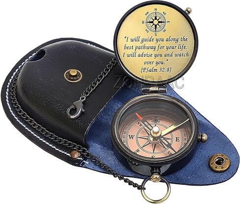 Psalm 32:8 Engraved Compass with Leather Pouch - May Your Faith Always Guide You, Religious Gifts, Christian Gifts, Baptism Gift, Graduation Day Gift, Inspirational Gifts for Boys, Girls, Men & Women in Kuwait