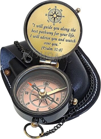 Psalm 32:8 Engraved Compass with Leather Pouch - May Your Faith Always Guide You, Religious Gifts, Christian Gifts, Baptism Gift, Graduation Day Gift, Inspirational Gifts for Boys, Girls, Men & Women in Kuwait