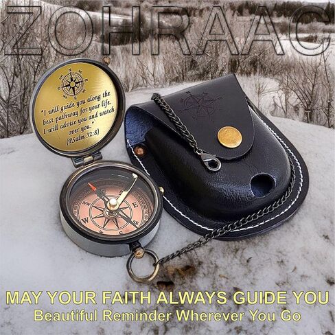 Psalm 32:8 Engraved Compass with Leather Pouch - May Your Faith Always Guide You, Religious Gifts, Christian Gifts, Baptism Gift, Graduation Day Gift, Inspirational Gifts for Boys, Girls, Men & Women in Kuwait