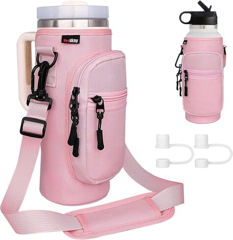 حامل زجاجة مياه مع حزام من القماش حامل زجاجة ماء كحامل ستانلي 40 أونصة، 32-40 أونصة حامل زجاجة مياه قارورة مائية مع مشبك حلقة تسلق قطعة واحدة وأغطية قش 2 قطعة in Kuwait