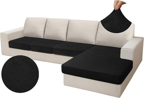 Arfntevss Velvet Striped Sectional Couch Covers L Shape Sofa Cushion Covers with Chaise Lounge Stretch Seat Slipcover Anti-Slip Magic Soft Furniture Protector (3 Seat Cover 1 Chaise, Black) in Saudi Arabia