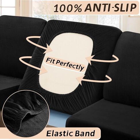 Arfntevss Velvet Striped Sectional Couch Covers L Shape Sofa Cushion Covers with Chaise Lounge Stretch Seat Slipcover Anti-Slip Magic Soft Furniture Protector (3 Seat Cover 1 Chaise, Black) in Saudi Arabia