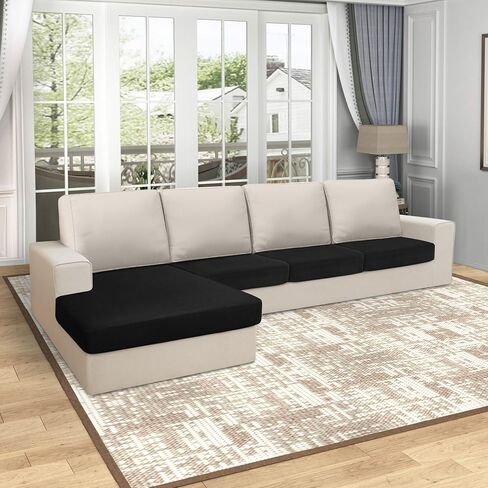 Arfntevss Velvet Striped Sectional Couch Covers L Shape Sofa Cushion Covers with Chaise Lounge Stretch Seat Slipcover Anti-Slip Magic Soft Furniture Protector (3 Seat Cover 1 Chaise, Black) in Saudi Arabia