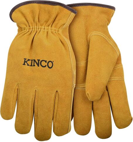 سائق جلد البقر السويدي المبطن من Kinco 51PL - أصابع كاملة من جلد البقر السويدي الذهبي بالكامل مع بطانة حرارية ومعصم مرن مكشكش - لتشغيل المعدات، خارجيًا وداخليًا - كبير جدًا in Kuwait