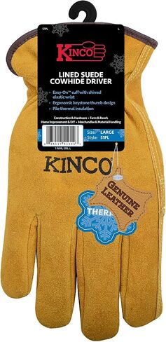 سائق جلد البقر السويدي المبطن من Kinco 51PL - أصابع كاملة من جلد البقر السويدي الذهبي بالكامل مع بطانة حرارية ومعصم مرن مكشكش - لتشغيل المعدات، خارجيًا وداخليًا - كبير جدًا in Kuwait