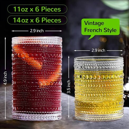 Vintage Hobnail Drinking Glasses Set of 12-14 oz Old Fashioned Water Glass Cups & 11 oz Cocktail Glasses, Aesthetic Kitchen Bar Tumbler Glassware Gifts Sets for Smoothie, Juice, Coffee, Wine in Saudi Arabia