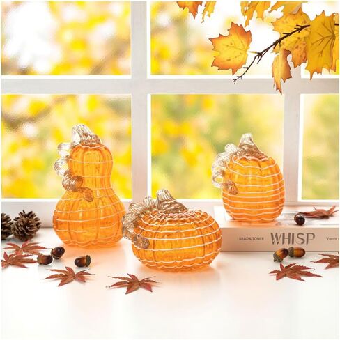 glitzhome 3Pcs Handmade Table Top Glass Pumpkin, Collectible Sculpture Glass Pumpkins for Fall Halloween Thanksgiving Decorations, Orange in Saudi Arabia