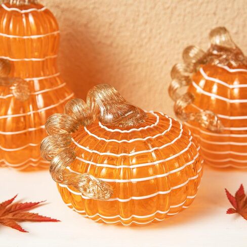 glitzhome 3Pcs Handmade Table Top Glass Pumpkin, Collectible Sculpture Glass Pumpkins for Fall Halloween Thanksgiving Decorations, Orange in Saudi Arabia