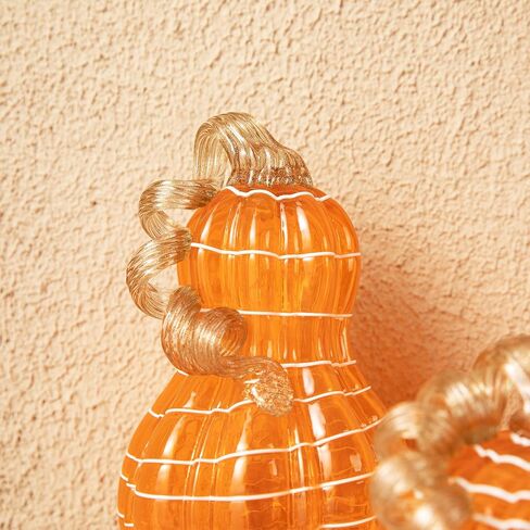 glitzhome 3Pcs Handmade Table Top Glass Pumpkin, Collectible Sculpture Glass Pumpkins for Fall Halloween Thanksgiving Decorations, Orange in Saudi Arabia