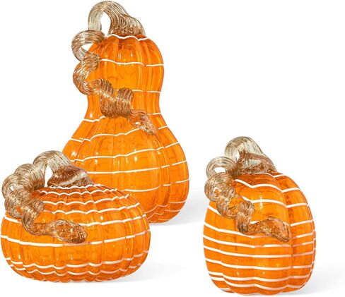 glitzhome 3Pcs Handmade Table Top Glass Pumpkin, Collectible Sculpture Glass Pumpkins for Fall Halloween Thanksgiving Decorations, Orange in Saudi Arabia