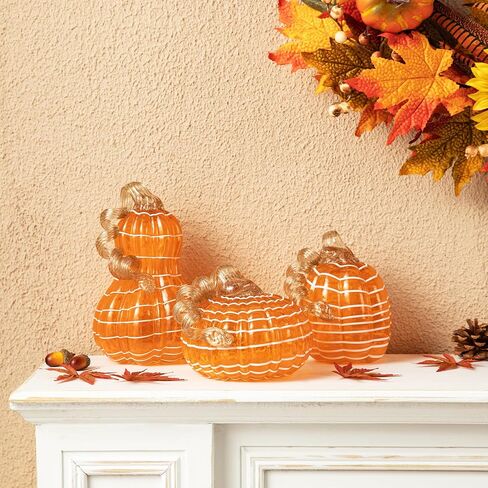 glitzhome 3Pcs Handmade Table Top Glass Pumpkin, Collectible Sculpture Glass Pumpkins for Fall Halloween Thanksgiving Decorations, Orange in Saudi Arabia